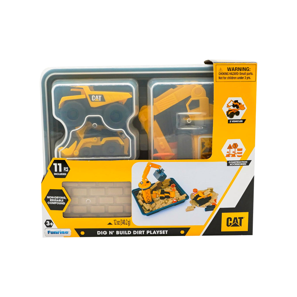 CAT Dig N' Build Dirt Playset – 12 oz Moldable Dirt, Crane, Vehicles, Molds & Tray, Ages 3+