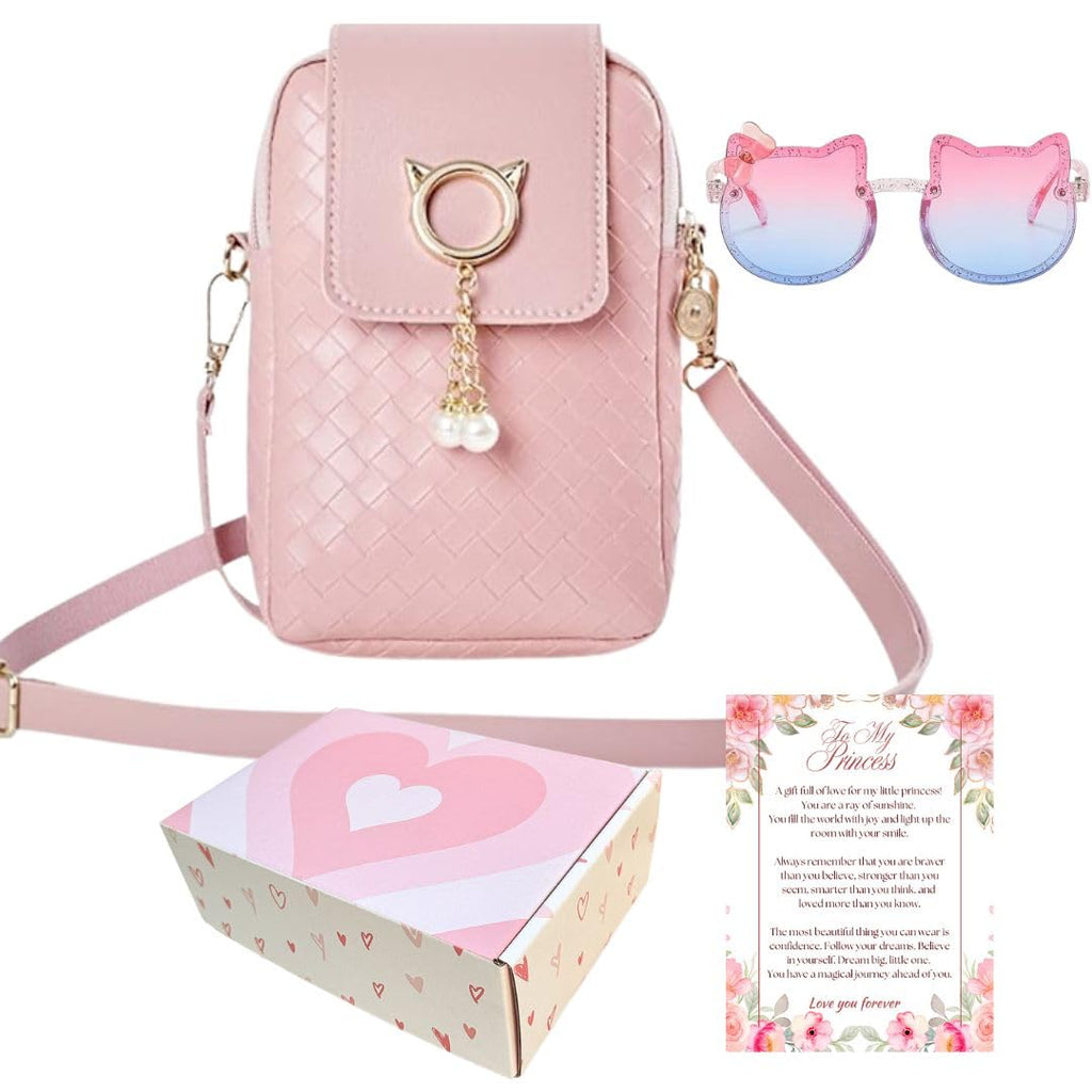 Cat Purse for Little Girls with Cat Sunglasses & Gift Box – Crossbody Bag for Kids (Pink)