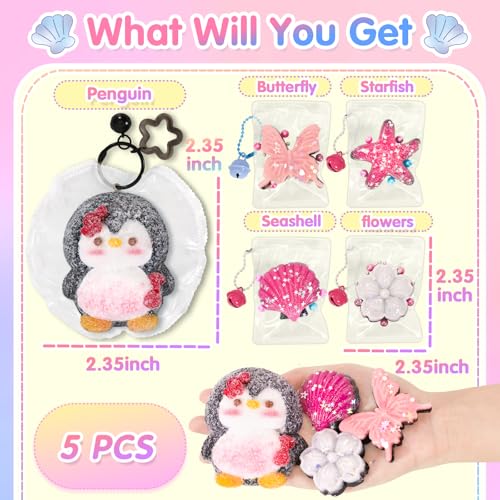 CatchCute 5-Pack Fidget Squeeze Toys - Penguin, Starfish, Seashell, Flower, Butterfly - Soft Sensory Stress Relief Set