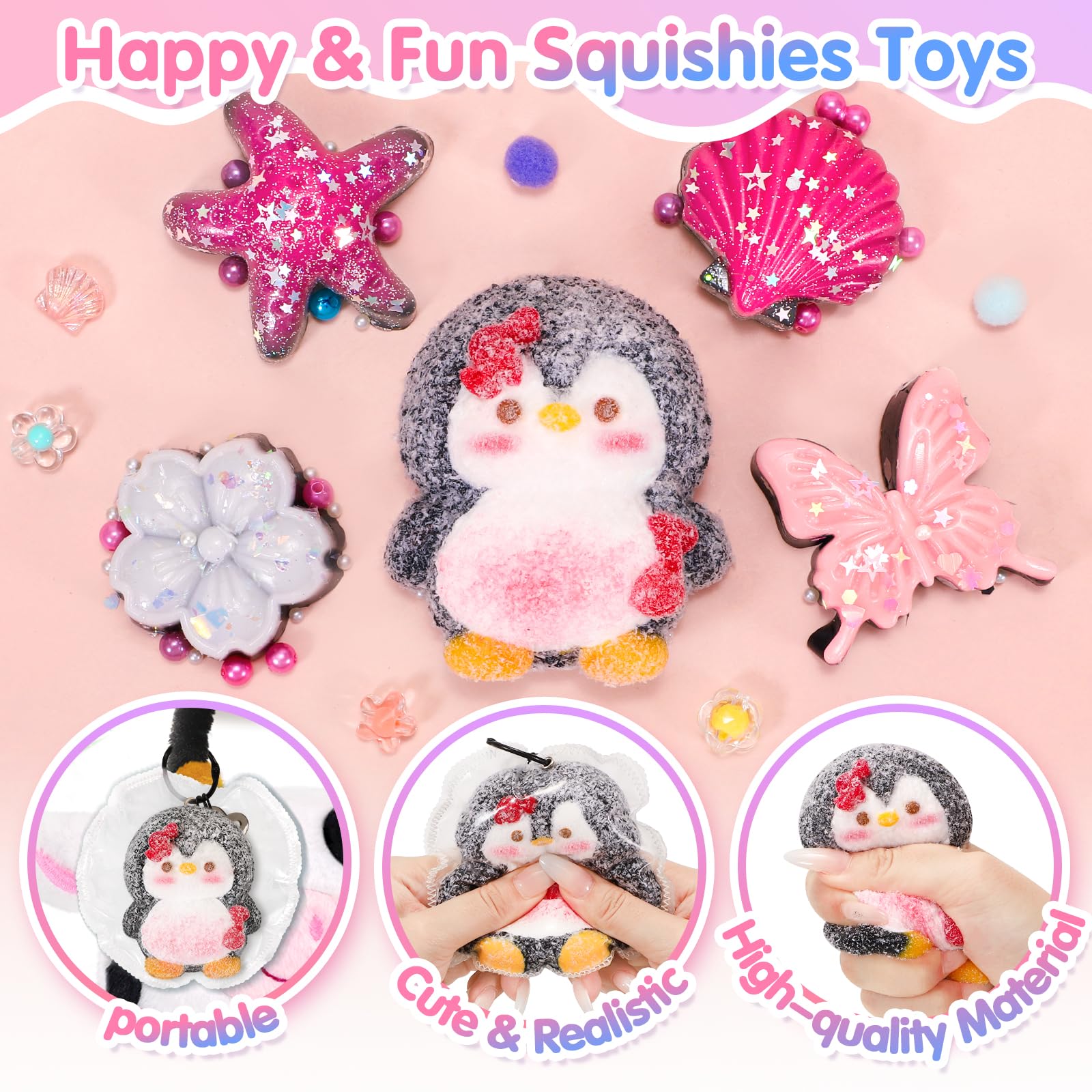 CatchCute 5-Pack Fidget Squeeze Toys - Penguin, Starfish, Seashell, Flower, Butterfly - Soft Sensory Stress Relief Set
