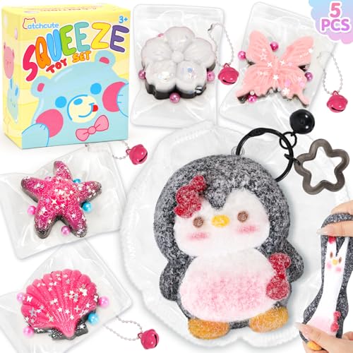 CatchCute 5-Pack Fidget Squeeze Toys - Penguin, Starfish, Seashell, Flower, Butterfly - Soft Sensory Stress Relief Set