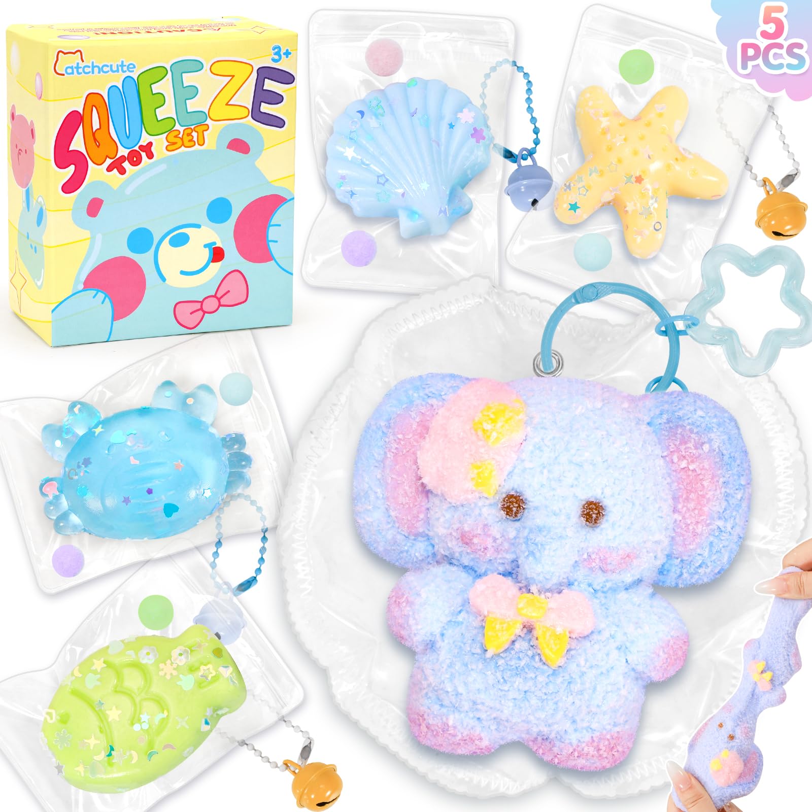 CatchCute 5-Pack Squishy Toys Set – Soft Silicone Elephant, Starfish, Crab & More for Stress Relief and Sensory Play