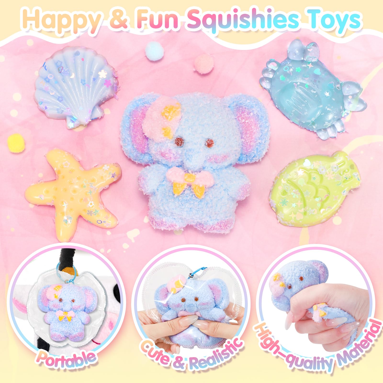 CatchCute 5-Pack Squishy Toys Set – Soft Silicone Elephant, Starfish, Crab & More for Stress Relief and Sensory Play