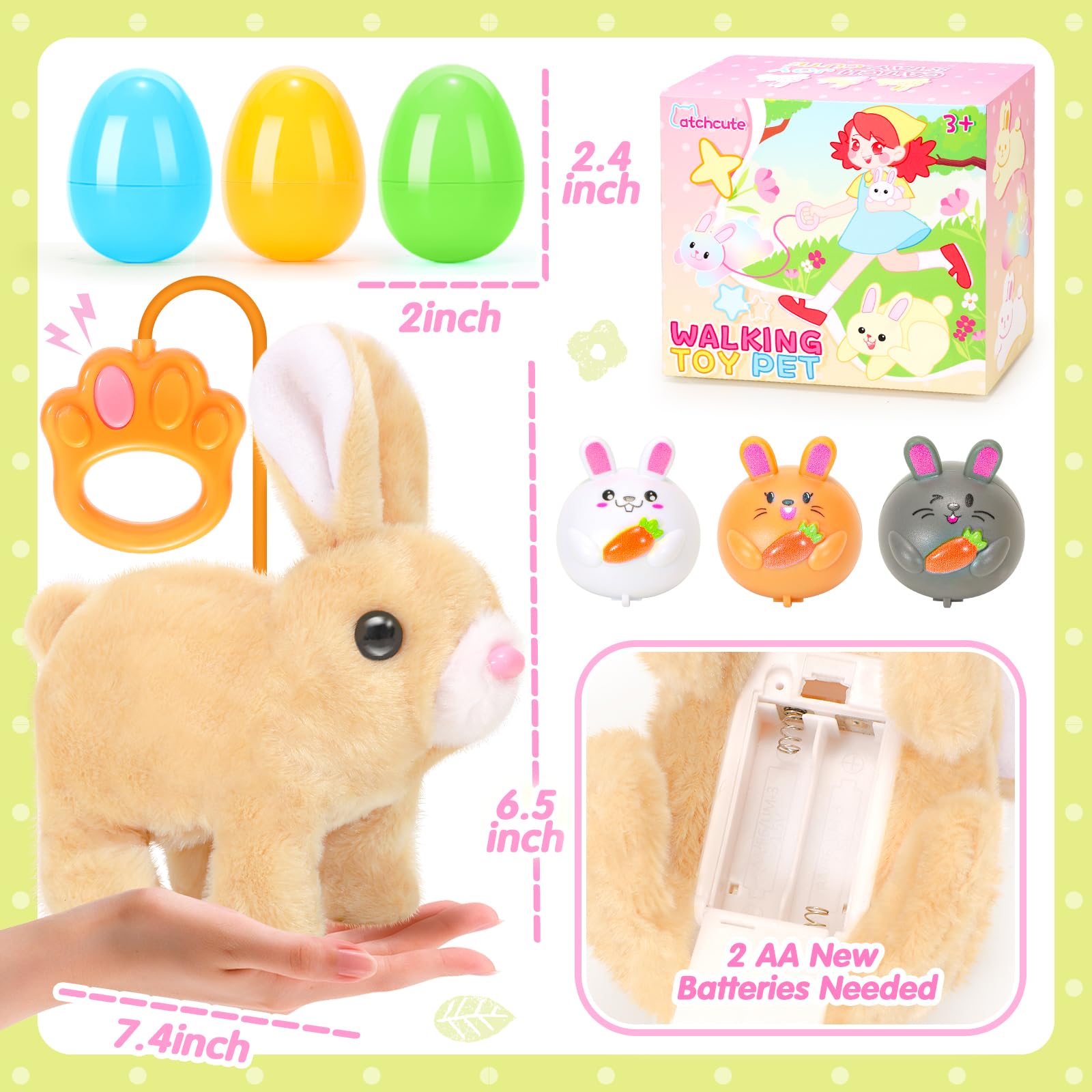 CatchCute Interactive Easter Plush Bunny Toy for Kids – Remote Control Walking, Sound, and Wiggling Ears with 3 Pull-Back Eggs