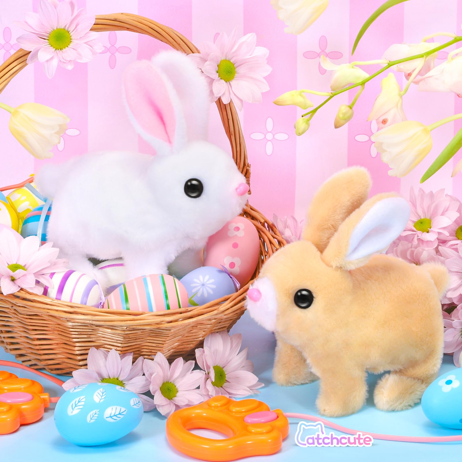 CatchCute Interactive Easter Plush Bunny Toy for Kids – Remote Control Walking, Sound, and Wiggling Ears with 3 Pull-Back Eggs