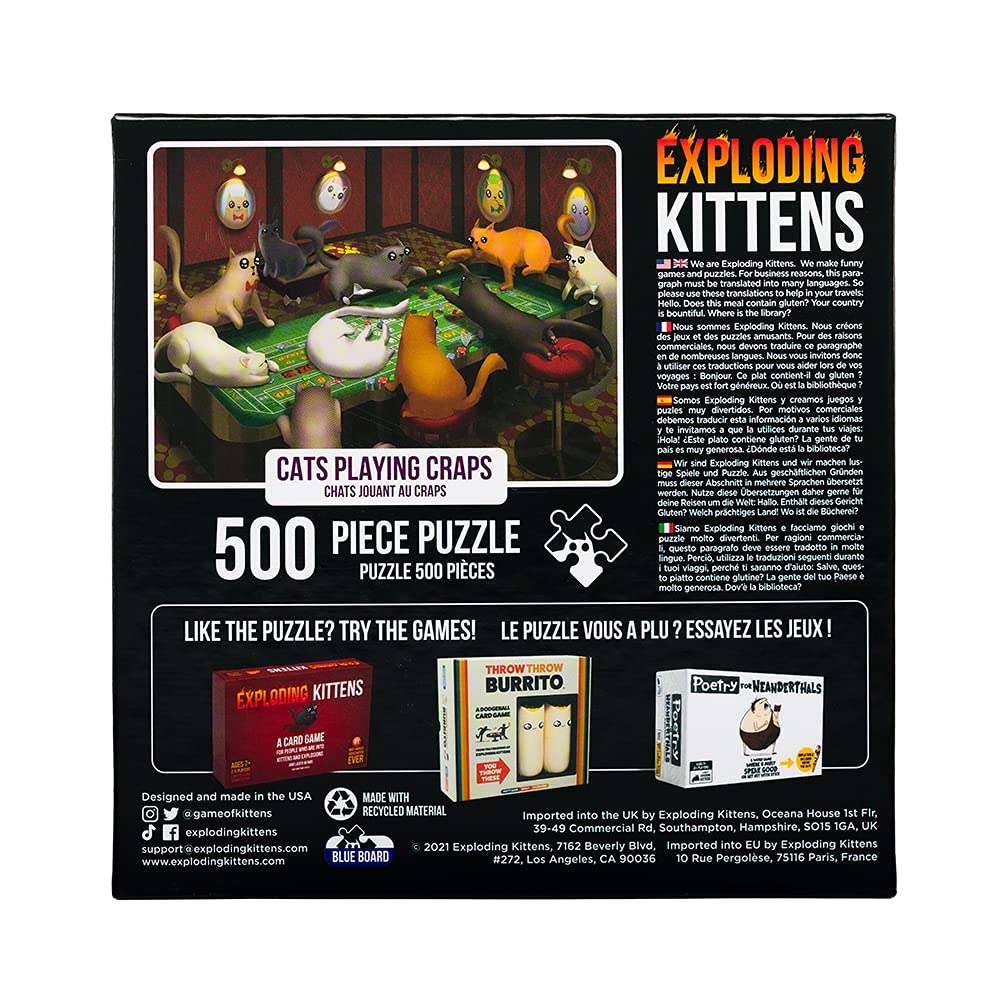 Cats Playing Craps Jigsaw Puzzle – 500 Pieces by Exploding Kittens, Recycled Materials, 18x24 Inches