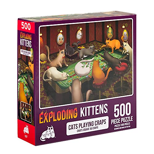 Cats Playing Craps Jigsaw Puzzle – 500 Pieces by Exploding Kittens, Recycled Materials, 18x24 Inches