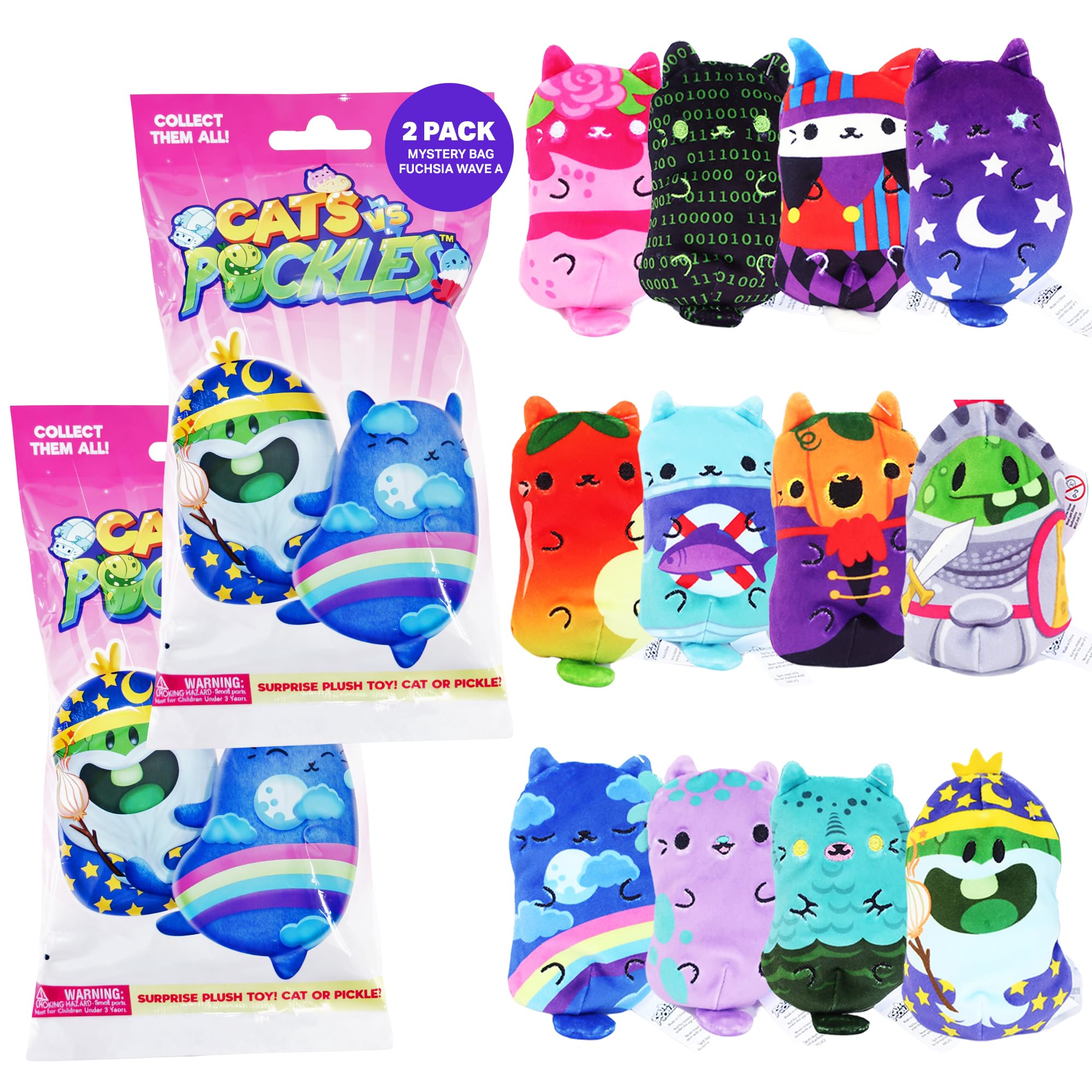 Cats vs Pickles 2-Pack Mystery Bags - Fuchsia Wave Bean Filled Plushies, Sensory Soft Blind Bags for Kids and Adults