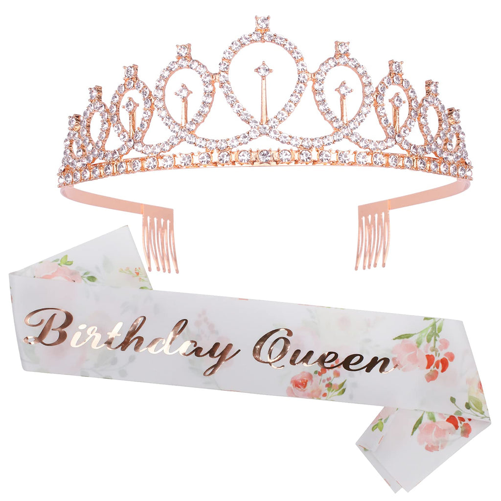 CAVETEE Rose Gold Birthday Crown & Floral White Sash Set – Rhinestone Tiara for Women