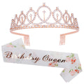 CAVETEE Rose Gold Birthday Crown & Floral White Sash Set – Rhinestone Tiara for Women