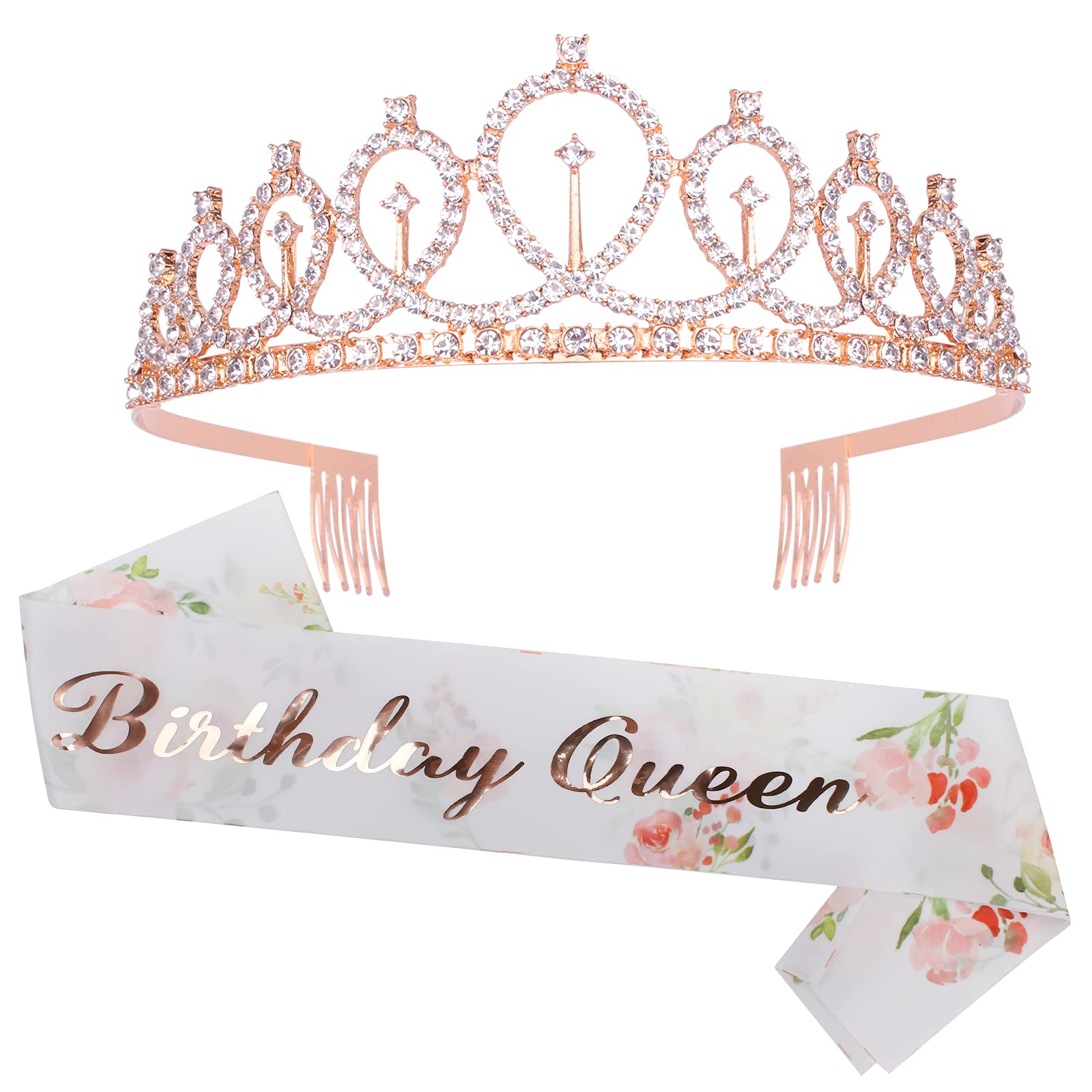 CAVETEE Rose Gold Birthday Crown & Floral White Sash Set – Rhinestone Tiara for Women