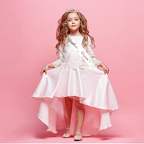 CAVETEE Rose Gold Birthday Crown & Floral White Sash Set – Rhinestone Tiara for Women