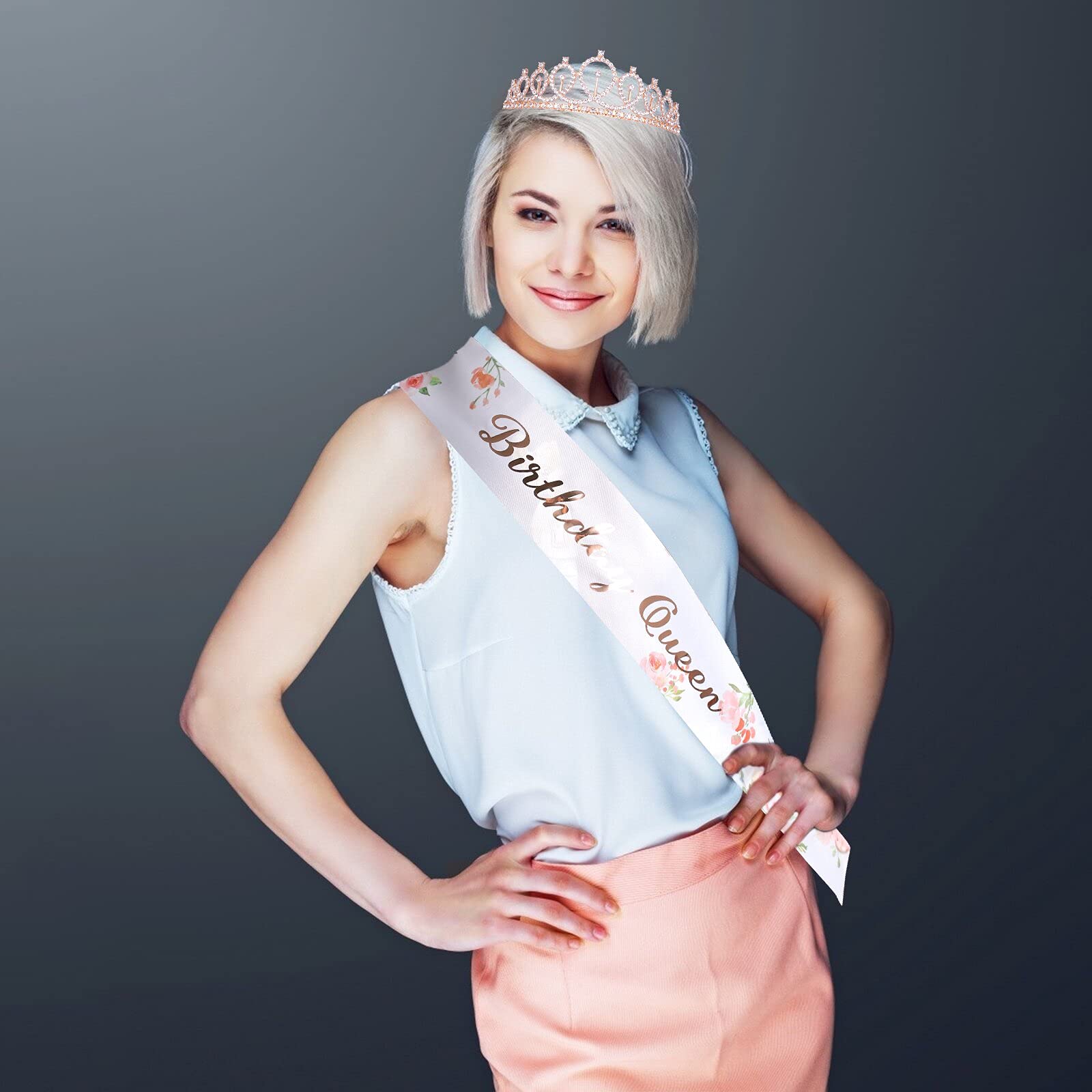 CAVETEE Rose Gold Birthday Crown & Floral White Sash Set – Rhinestone Tiara for Women