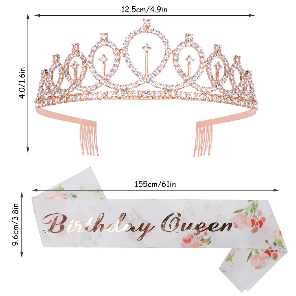 CAVETEE Rose Gold Birthday Crown & Floral White Sash Set – Rhinestone Tiara for Women