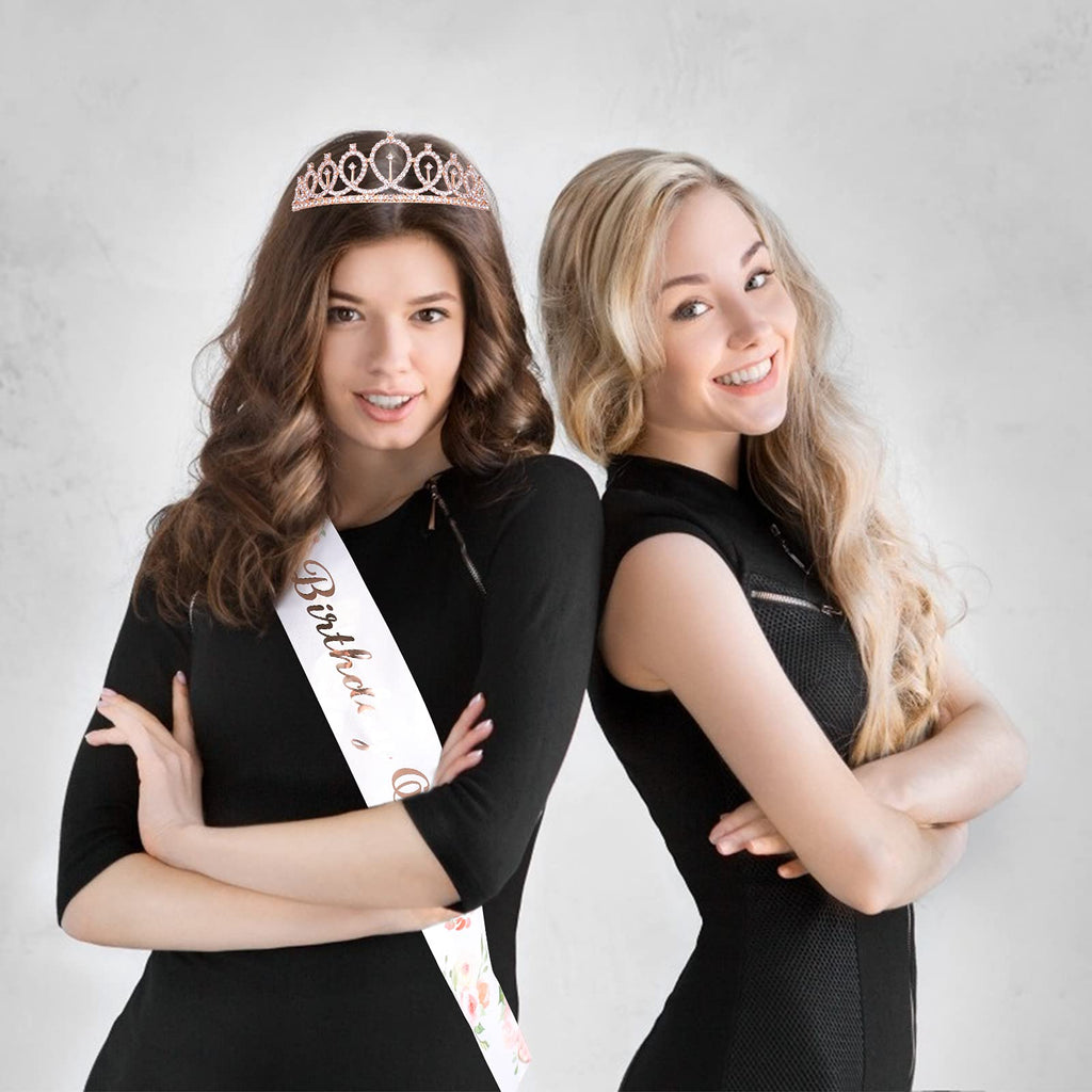 CAVETEE Rose Gold Birthday Crown & Floral White Sash Set – Rhinestone Tiara for Women
