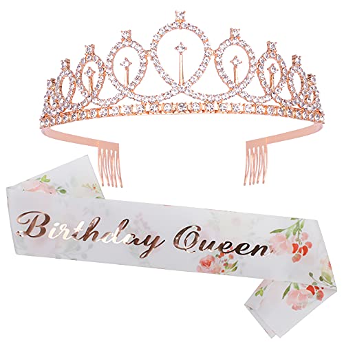 CAVETEE Rose Gold Birthday Crown & Floral White Sash Set – Rhinestone Tiara for Women