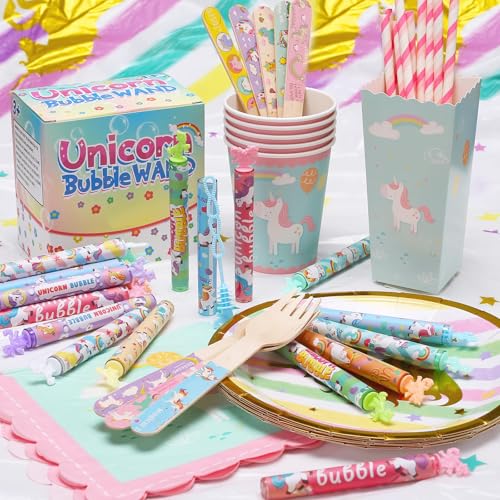 Cawiew 32 Pack Mini Unicorn Bubble Wands with Stickers - Pastel Party Favors for Kids