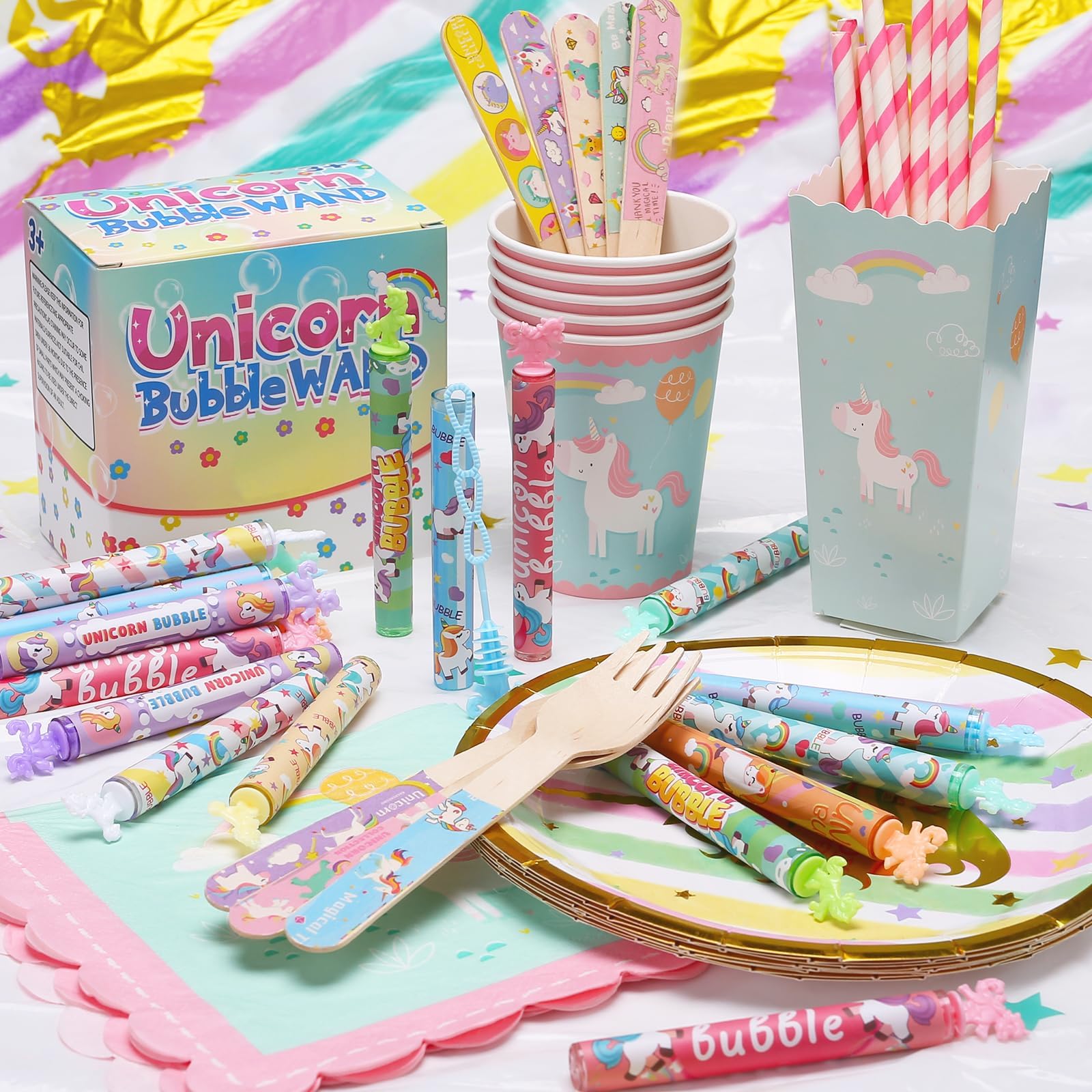 Cawiew 32 Pack Mini Unicorn Bubble Wands with Stickers - Pastel Party Favors for Kids