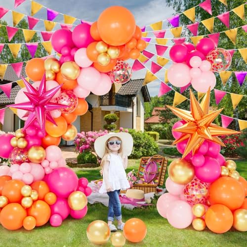CboDeco Pink Orange Balloon Garland Arch Kit – 146pc Hot Pink, Orange & Metallic Gold Latex Balloons with Exploding Star Foil Balloon for Birthday, Tropical, Wedding Party Decor