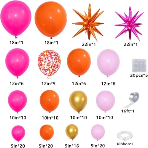 CboDeco Pink Orange Balloon Garland Arch Kit – 146pc Hot Pink, Orange & Metallic Gold Latex Balloons with Exploding Star Foil Balloon for Birthday, Tropical, Wedding Party Decor