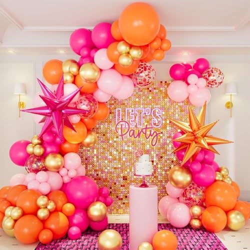 CboDeco Pink Orange Balloon Garland Arch Kit – 146pc Hot Pink, Orange & Metallic Gold Latex Balloons with Exploding Star Foil Balloon for Birthday, Tropical, Wedding Party Decor