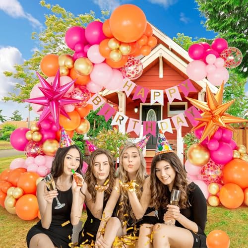 CboDeco Pink Orange Balloon Garland Arch Kit – 146pc Hot Pink, Orange & Metallic Gold Latex Balloons with Exploding Star Foil Balloon for Birthday, Tropical, Wedding Party Decor