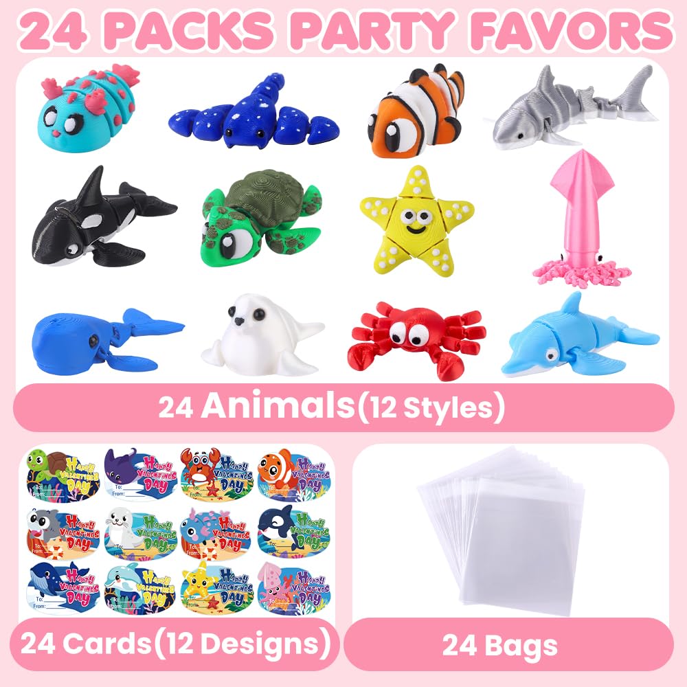 Celltestria 24pcs 3D Printed Ocean Animals Valentine's Day Gifts with Cards for Kids