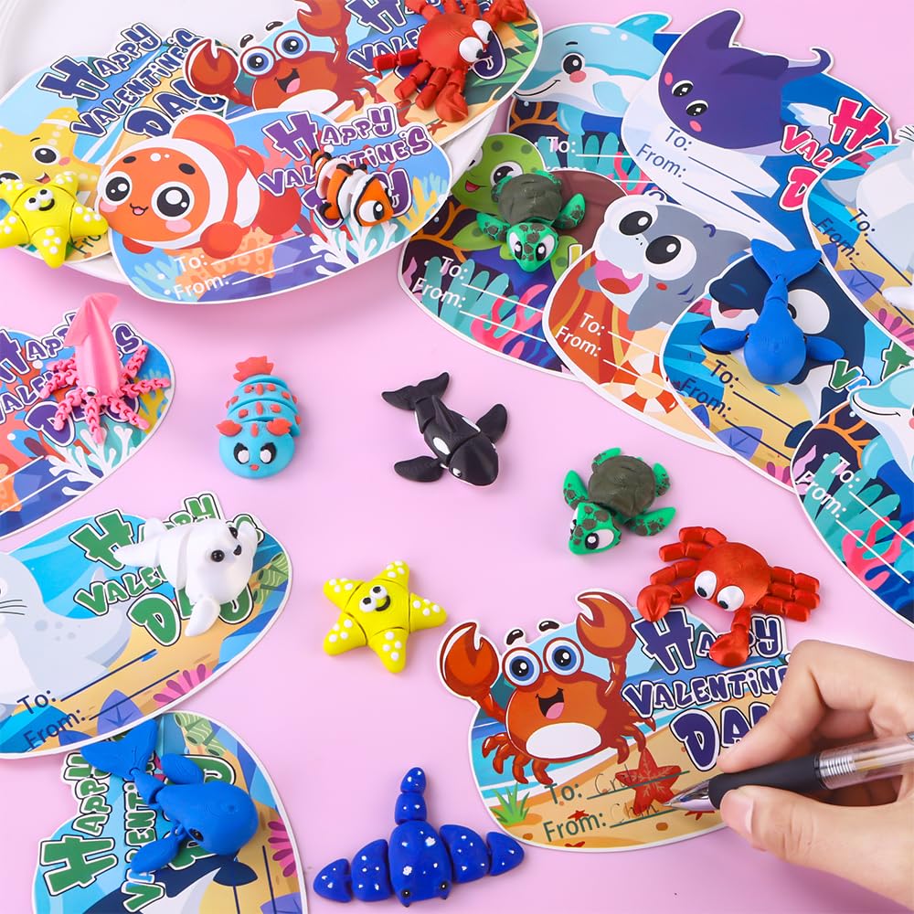 Celltestria 24pcs 3D Printed Ocean Animals Valentine's Day Gifts with Cards for Kids
