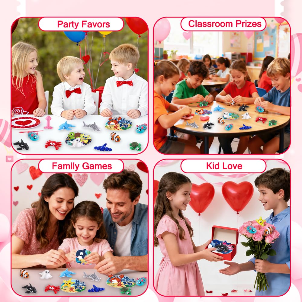 Celltestria 24pcs 3D Printed Ocean Animals Valentine's Day Gifts with Cards for Kids