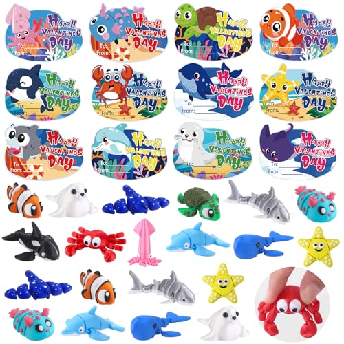 Celltestria 24pcs 3D Printed Ocean Animals Valentine's Day Gifts with Cards for Kids
