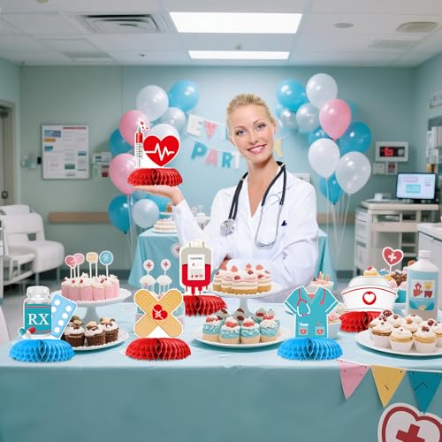 Ceonam 9-Piece Medical Honeycomb Centerpieces - 3D Nurse Doctor Themed Party Decor with First Aid Kit, Syringe, Ambulance Designs for Graduation, Clinic, Hospital Events