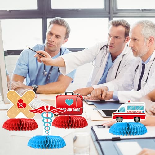 Ceonam 9-Piece Medical Honeycomb Centerpieces - 3D Nurse Doctor Themed Party Decor with First Aid Kit, Syringe, Ambulance Designs for Graduation, Clinic, Hospital Events