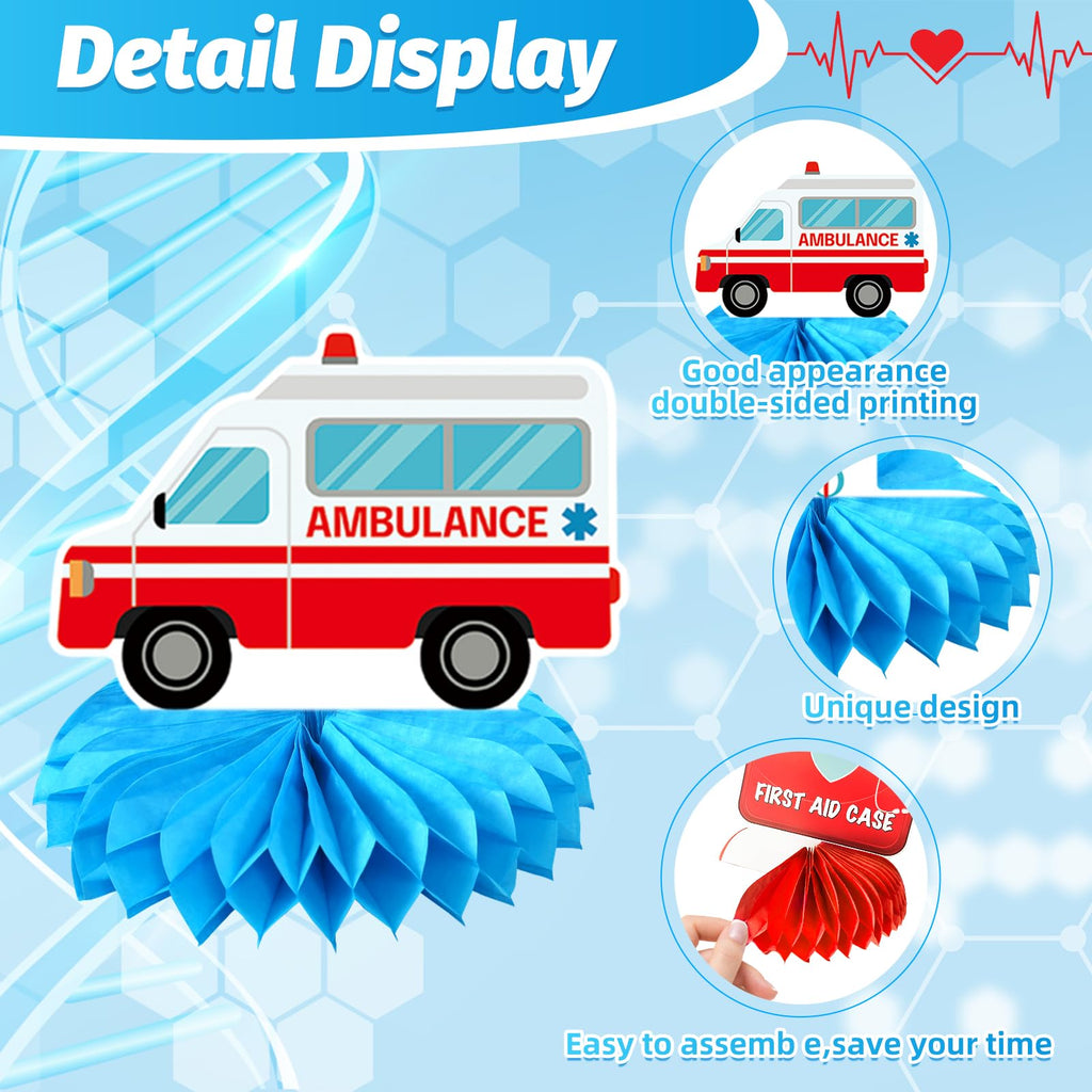 Ceonam 9-Piece Medical Honeycomb Centerpieces - 3D Nurse Doctor Themed Party Decor with First Aid Kit, Syringe, Ambulance Designs for Graduation, Clinic, Hospital Events