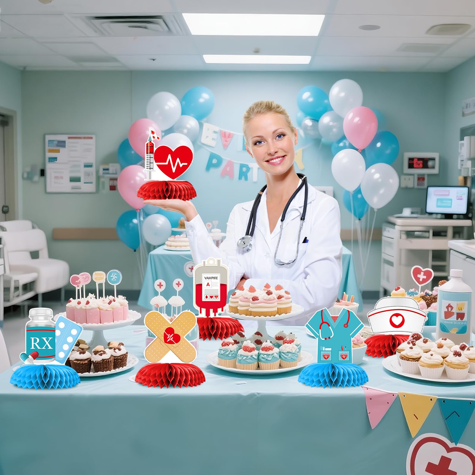 Ceonam 9-Piece Medical Honeycomb Centerpieces - 3D Nurse Doctor Themed Party Decor with First Aid Kit, Syringe, Ambulance Designs for Graduation, Clinic, Hospital Events