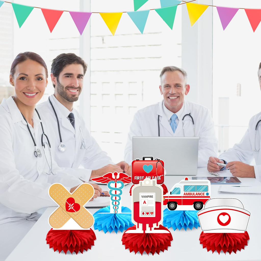 Ceonam 9-Piece Medical Honeycomb Centerpieces - 3D Nurse Doctor Themed Party Decor with First Aid Kit, Syringe, Ambulance Designs for Graduation, Clinic, Hospital Events