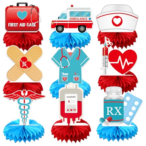 Ceonam 9-Piece Medical Honeycomb Centerpieces - 3D Nurse Doctor Themed Party Decor with First Aid Kit, Syringe, Ambulance Designs for Graduation, Clinic, Hospital Events