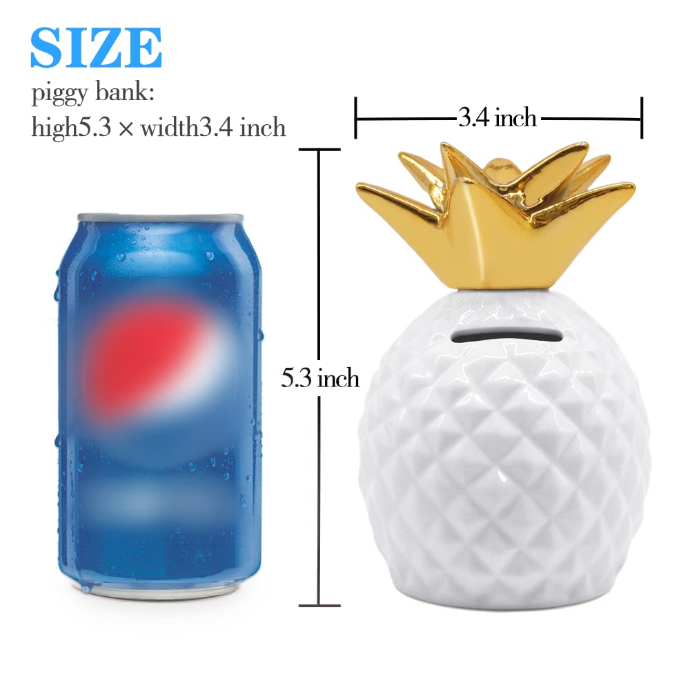 Ceramic Pineapple Piggy Bank - White, 5.3 Inch, Fun Money Saver for Kids and Adults