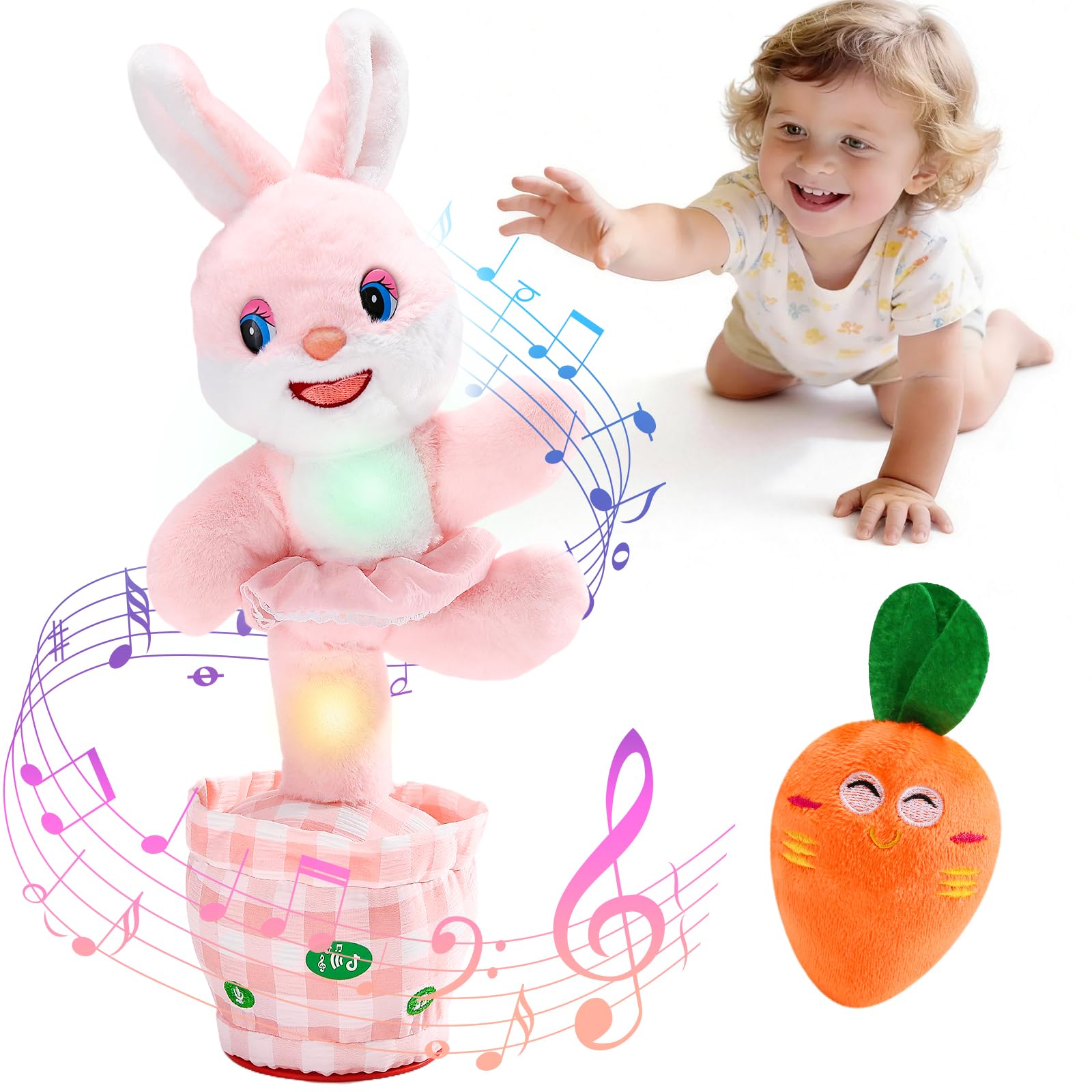 Cessfle Talking Dancing Easter Bunny Plush – 60+ Songs, Talk Back, Glowing LED, Gift for Toddlers