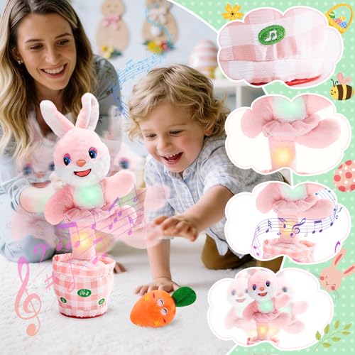 Cessfle Talking Dancing Easter Bunny Plush – 60+ Songs, Talk Back, Glowing LED, Gift for Toddlers