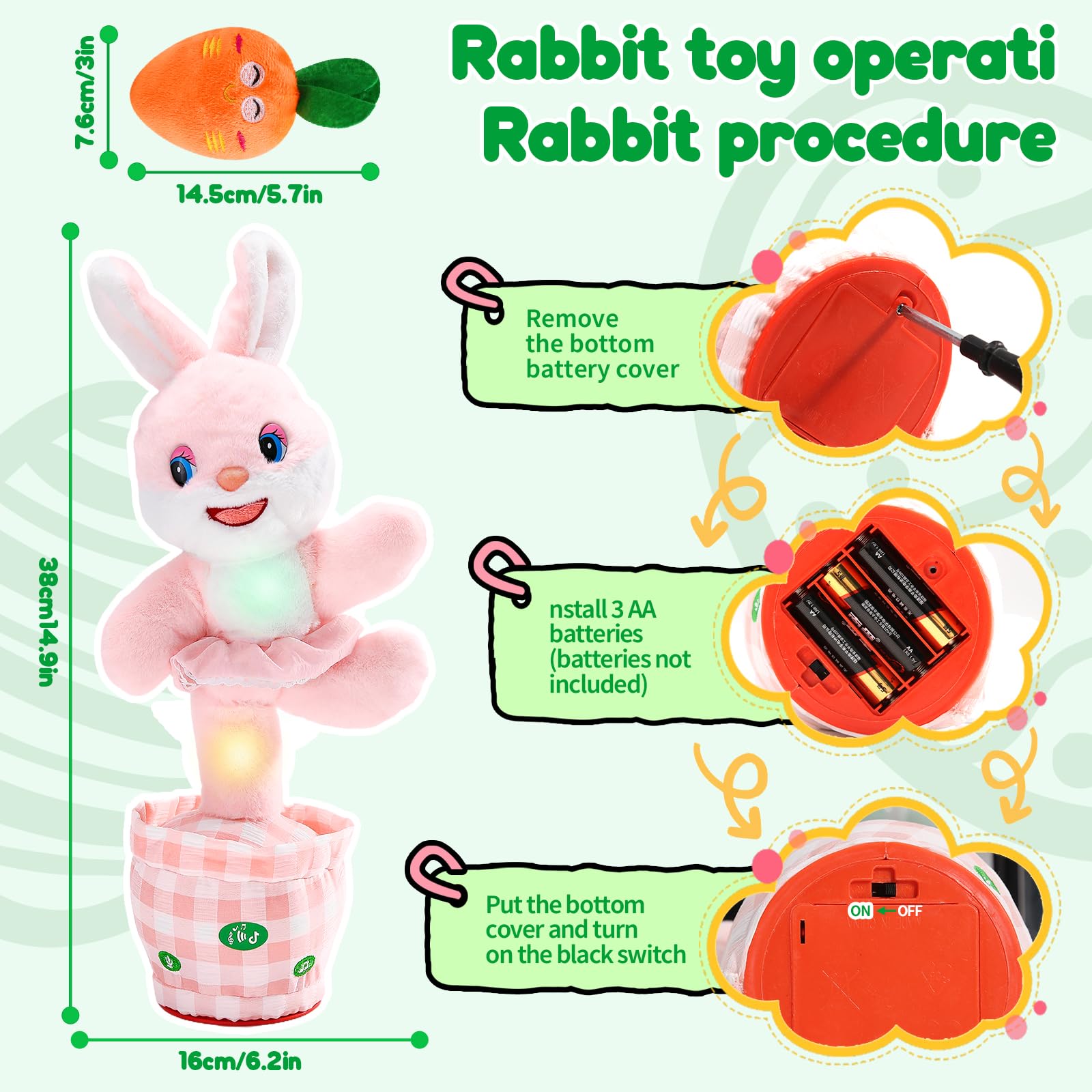 Cessfle Talking Dancing Easter Bunny Plush – 60+ Songs, Talk Back, Glowing LED, Gift for Toddlers