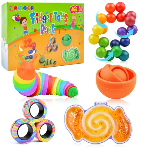 Cevioce 5-Piece Fidget Toy Pack for Stress Relief – Gyro, Slug, Magnetic Rings, Sensory Tube & Squishy Ball