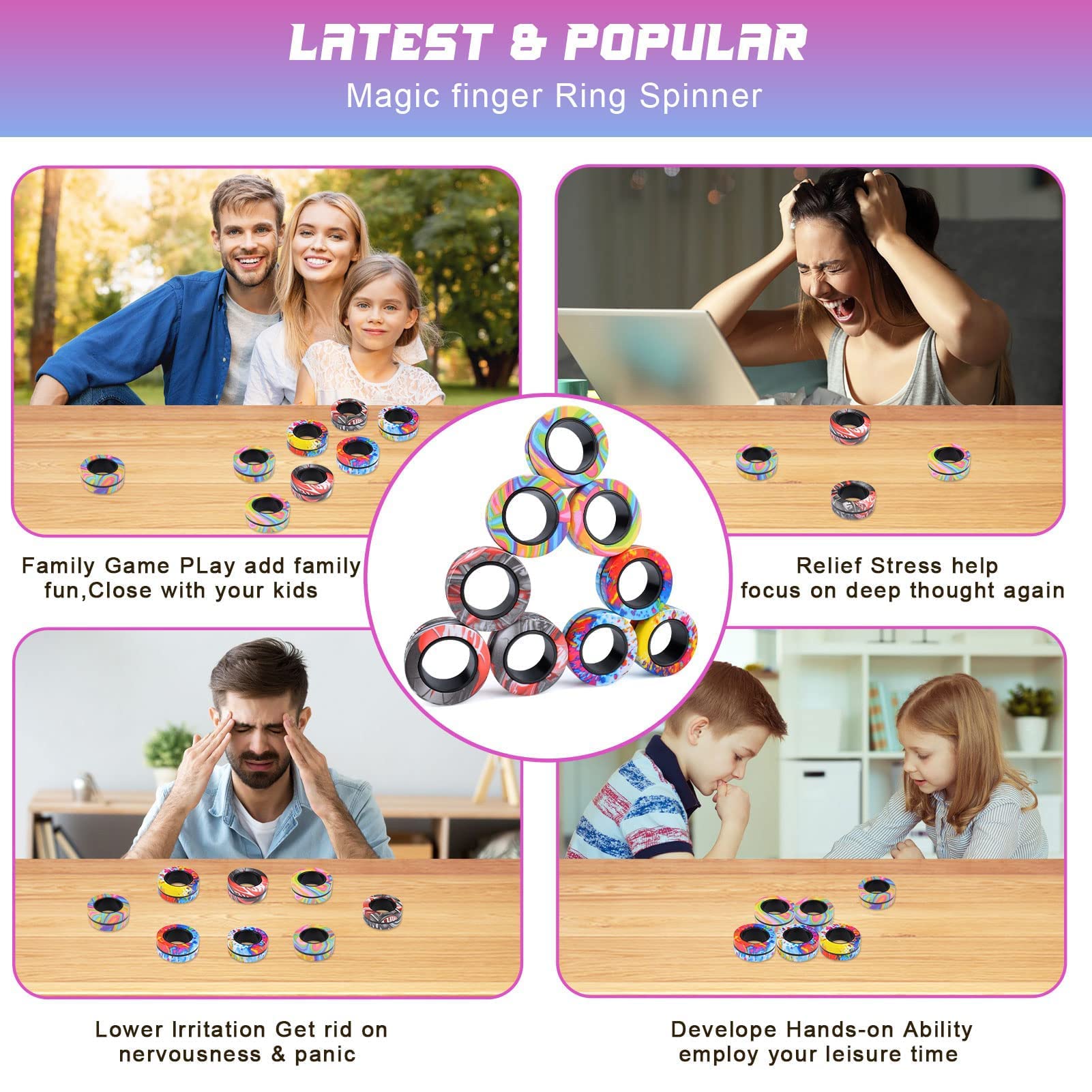 Cevioce 9-Piece Magnetic Fidget Rings Set – Stress Relief Toys for Kids & Adults with ADHD or Anxiety