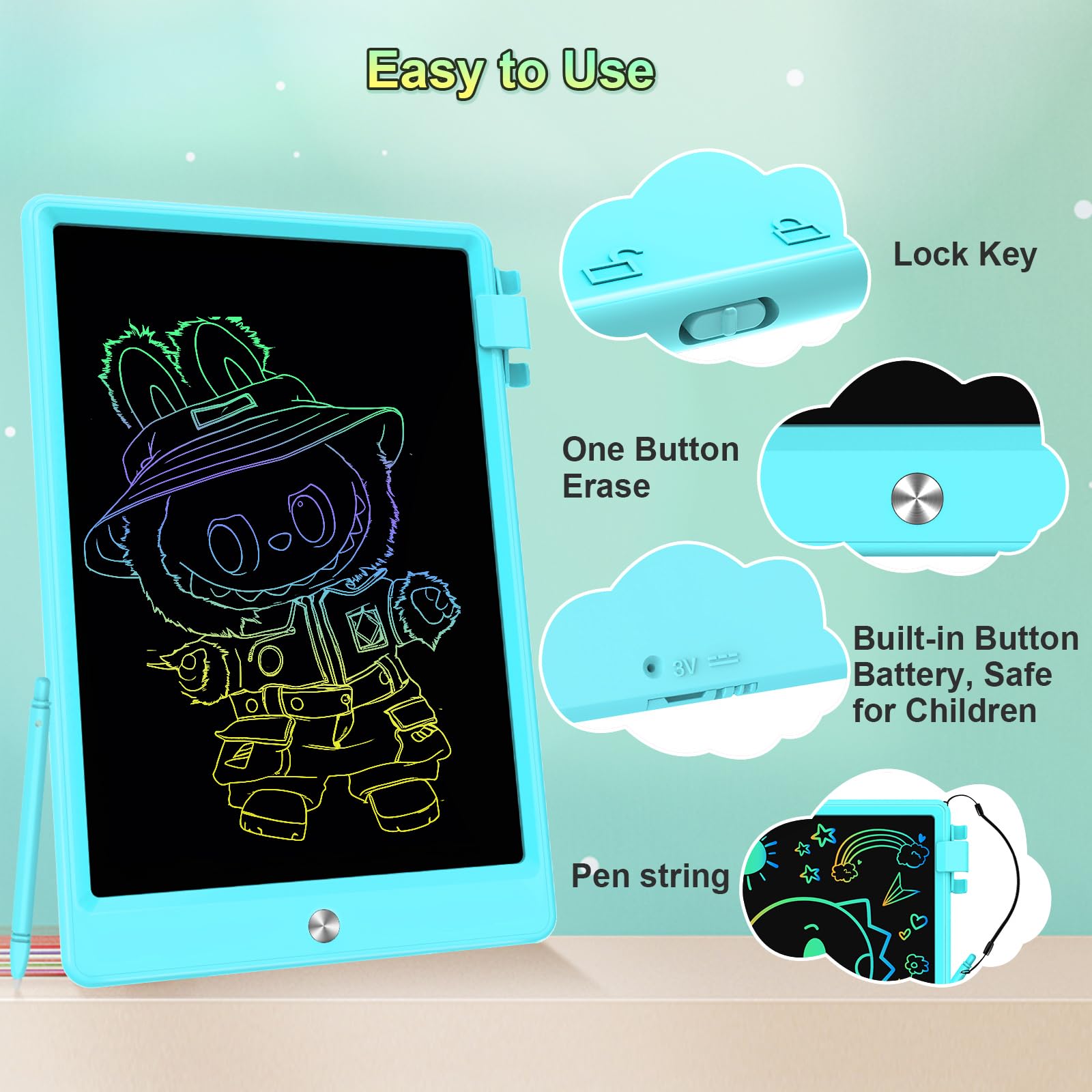 CHAFEGY 10.5 Inch LCD Writing Tablet for Kids - Colorful Doodle Board, Erasable Drawing Pad, Gift for Ages 3-8 (Blue)