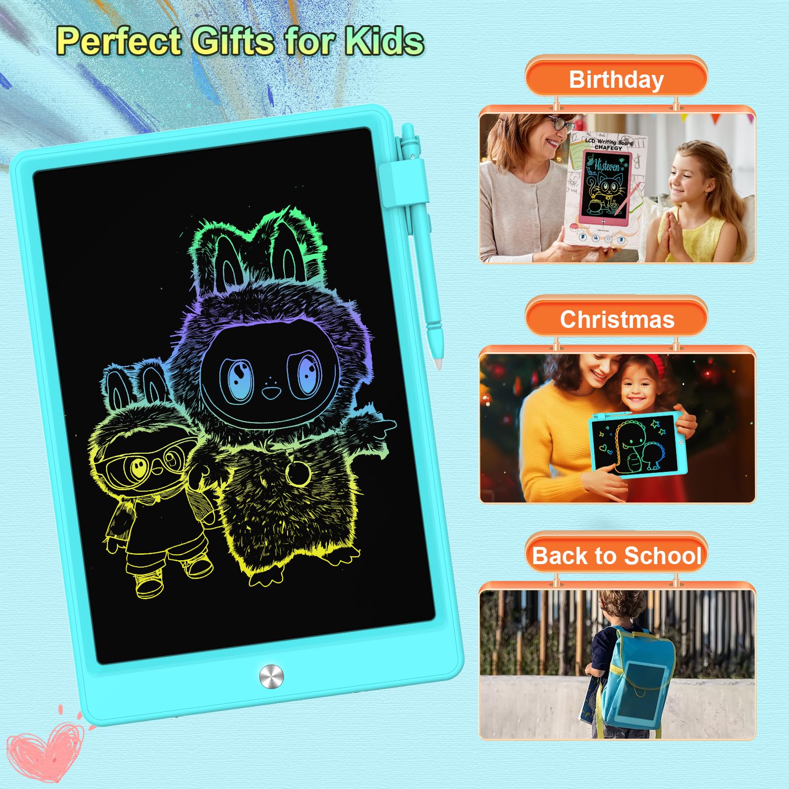 CHAFEGY 10.5 Inch LCD Writing Tablet for Kids - Colorful Doodle Board, Erasable Drawing Pad, Gift for Ages 3-8 (Blue)