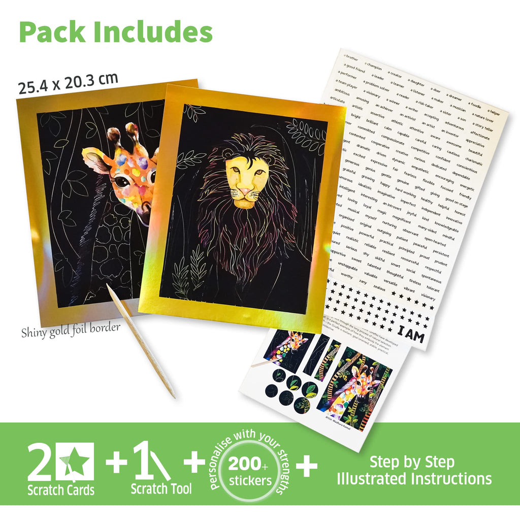 Chalk and Chuckles Animal Scratch Art Kit – 2 Gold Foil Sheets, Wooden Tool, 180+ Stickers for Kids 6+