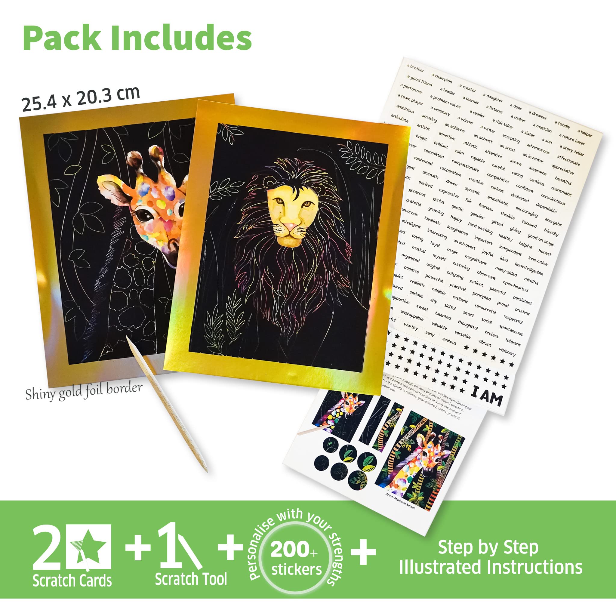 Chalk and Chuckles Animal Scratch Art Kit – 2 Gold Foil Sheets, Wooden Tool, 180+ Stickers for Kids 6+