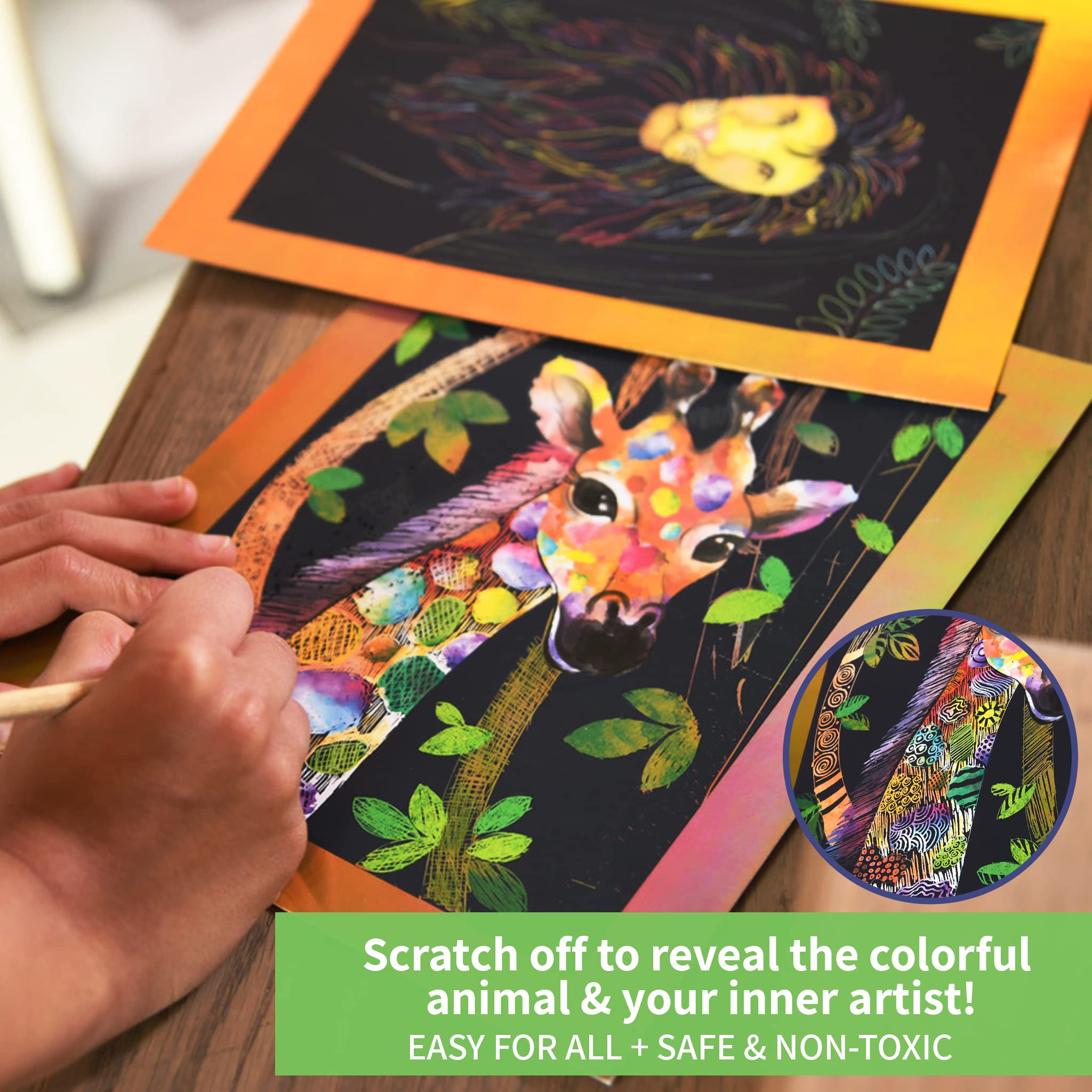 Chalk and Chuckles Animal Scratch Art Kit – 2 Gold Foil Sheets, Wooden Tool, 180+ Stickers for Kids 6+