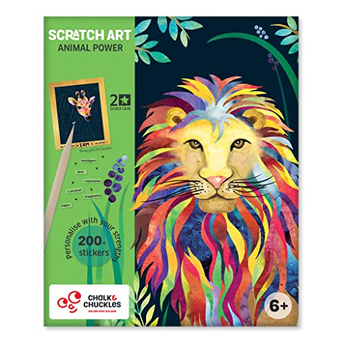 Chalk and Chuckles Animal Scratch Art Kit – 2 Gold Foil Sheets, Wooden Tool, 180+ Stickers for Kids 6+