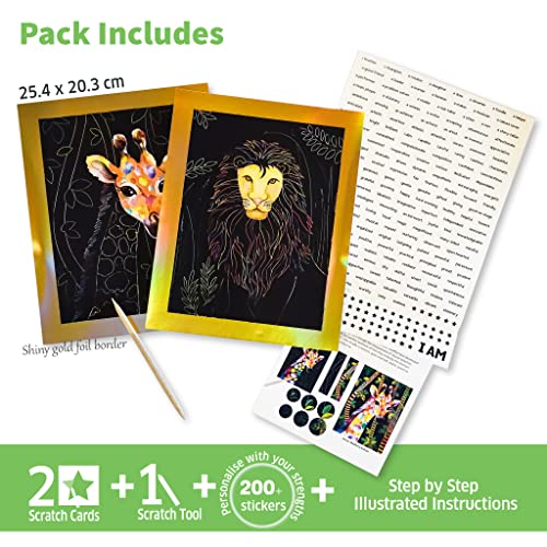 Chalk and Chuckles Animal Scratch Art Kit – 2 Gold Foil Sheets, Wooden Tool, 180+ Stickers for Kids 6+
