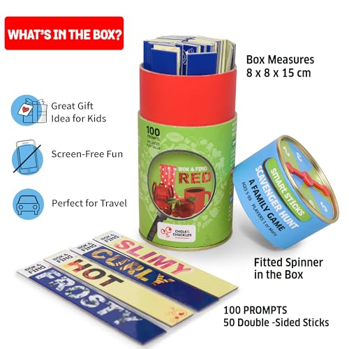 Chalk & Chuckles Smart Sticks Scavenger Hunt Game – 50 Sticks, 100 Prompts, Indoor & Outdoor Fun for Ages 4-12